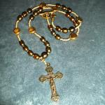 Item N9. Bronze fresh water pearls, rice shaped, strung with bronze seed beads and gold plated pewter Celtic spacers, adorned with bronze casting of antique Celtic shamrock cross - 18" length plus 1.5" cross- ($75 plus $5.20 S/H)