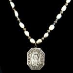 Item N11. Rice shaped fresh water pearls, strung with Swarovski crystals, adorned with an ornate antique sterling silver Miraculous medal - 18" length plus 1.25" medal- ( $110 plus $5.20 S/H)