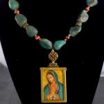 Item N4. Our Lady of Guadalupe framed original miniature illumination by Jed Gibbons, strung with chunk turquoise, peach fresh water pearls and gold plated rose spacers, 14kt gold toggle clasp - 17" length, 2" pendant- ($450 plus $15.00 S/H/Insurance)