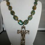 Imperial peacock Jasper Ovals (approx. 20mm x15mm) 20" length, accented with Swarovski crystals. Bronze casting of 2.5" antique St Raphael's Cross. $110.00 plus $5.15  S/H